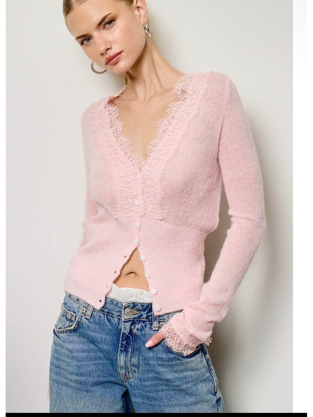 Mimosa Lace Trim Button Cardigan Sweater pink. NWT
